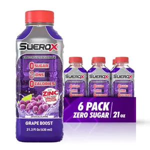 SueroX Zero Sugar, Grape Boost,6 Pack, Electrolyte Drink for Hydration and Recovery, Unique Blend of Electrolytes & 8 Ions, Zero Calorie, Refreshing Beverage, Sports Drink, 21.3 Fl Oz, Grape