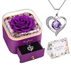Eternal Real Rose Box Preserved Forever Pendant with Necklace Best Gift for Mom Wife GirlFriend Sister Her in Anniversary Valentine's Day valentine