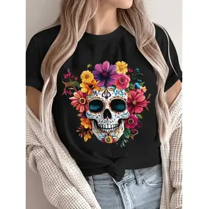 Women's Mexican Day of the Dead T-Shirt - Black Background with Colorful Print Sugar Skull - Soft Crew Neck Casual Summer Tee for Halloween, Dia de los Muertos, Casual Attire - Machine Washable Non-See Through Festival Top, Hallow