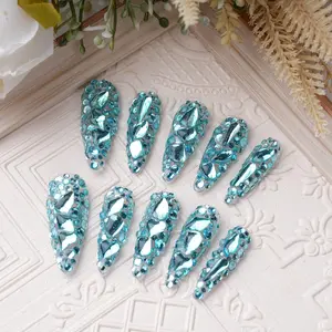 Blue Rhinestone Super Long Stiletto Nails - Handmade French Style with Glitter, Diamond Shining, Birthday/Valentine's Day Gifts