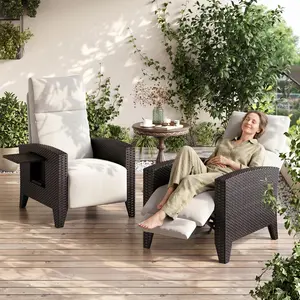 Weather Resistant Wicker Recliner Chair, 150° Adjustable Backrest Outdoor Patio Lounge Chair with Air Pump Footrest, Side Table & Removable Cushion for Garden Deck Pool