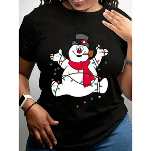 Frosty The Snowman Christmas Graphic T-Shirt - Black Casual Crewneck Tee With Holiday Lights Design, Adult Sizes, Machine Washable Festive Gift Rel, Winter Wonderland Christmas DecorationsCAI KJ