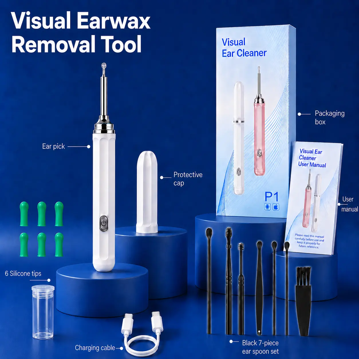 Visual Earwax Removal Tool with Camera Lens, 6 LED Lights, 6 Soft Silicone Tips, 7-Piece  Spoon Set for iOS & Android, ear hygiene, removal camera, kit, Ear Wax Remover, cotone tes, clips, candle， Ear Otoscope Kit