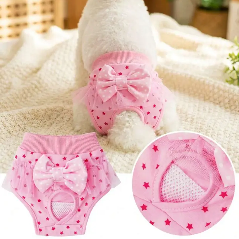 Dog Sanitary Diaper Pants with Lace Trim and Bow, Cute Cartoon Reusable Diaper for Small Dogs