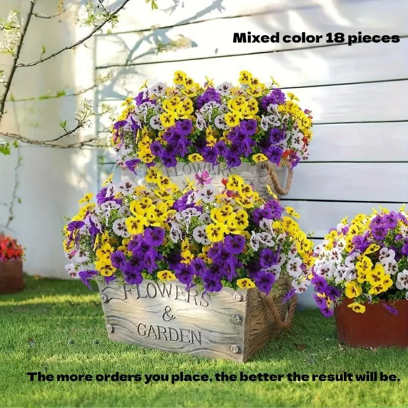 18 Bundles UV Resistant Artificial Pansy Violet Flowers, Waterproof Faux Fake Flower Bouquet, Outdoor Garden Patio Porch Balcony Pot Decor, Long Lasting Forever Floral Ornament