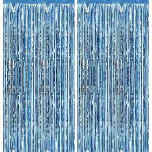 2 Pack 3.28 ft x 6.56 ft Light Blue Tinsel Curtain Party Backdrop - Metallic Foil Fringe Backdrop Door for Halloween, Christmas, Birthday Graduation Wedding Party Streamers Photo Backdrop.