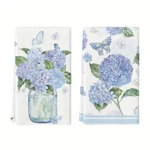 16x24 Inches 2pcs Hydrangea Vase Butterfly Spring Kitchen Towels Dish Towels Summer Flowers Holiday Decoration Hand Towels Set Of 2