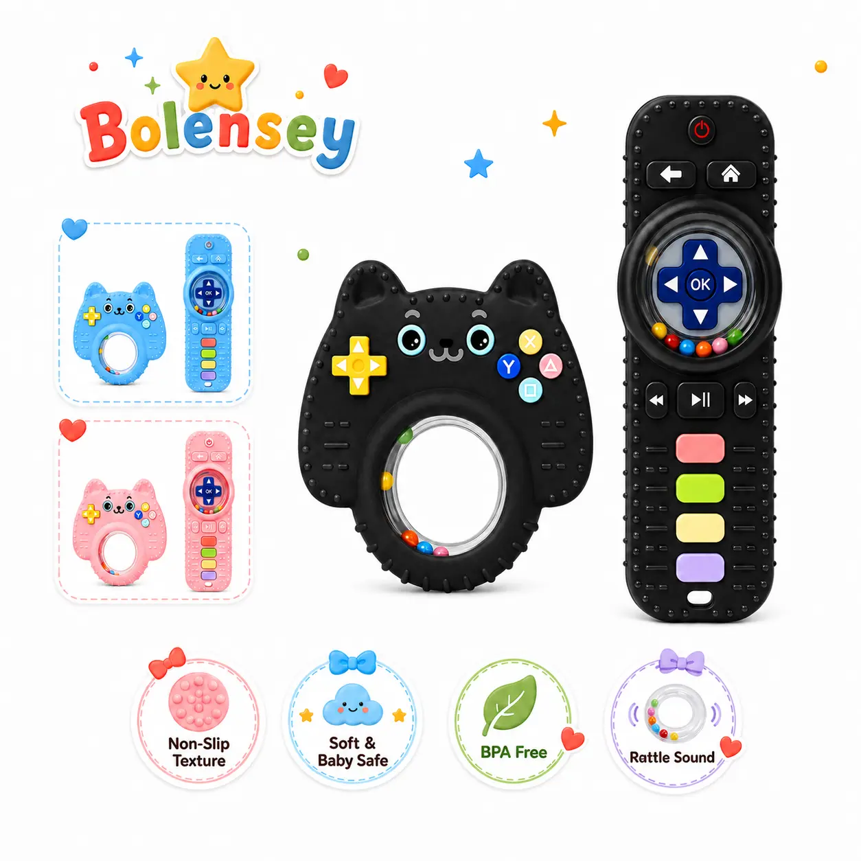 2 Pcs Montessori Remote & Game Controller Baby Teething Toy- Detachable Rattle Sound, Sensory Development, Grip Exercise, Color Cognition, BPA-Free, Food-Grade Silicone, Easy Grip, Textured Surfaces, Playful Early education Teethers for 0-12 Months Babies