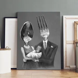 Wooden Frame Canvas Poster, Artistic Creative Dining Set Home Decor, Modern Wall Art for Living Room and Corridor