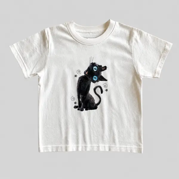 Creepy Doll Cat Baby Tee, Button Eyes Kitty Graphic 2000s T-Shirt, Retro y2k Gothic Horror Halloween Shirt