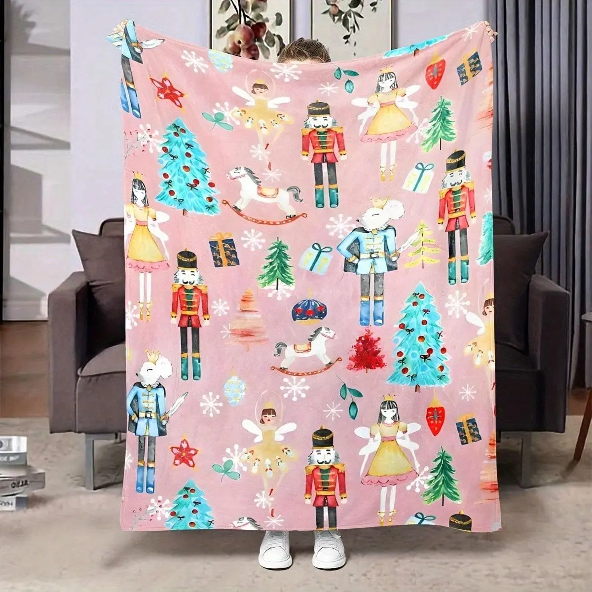 Watercolor Pink Nutcracker Christmas Flannel Fleece Throw Blanket, Soft Cozy Warm Aesthetic Winter Blanket for Couch Bed, Cute Festive Holiday Decor Gift for Kids Girls