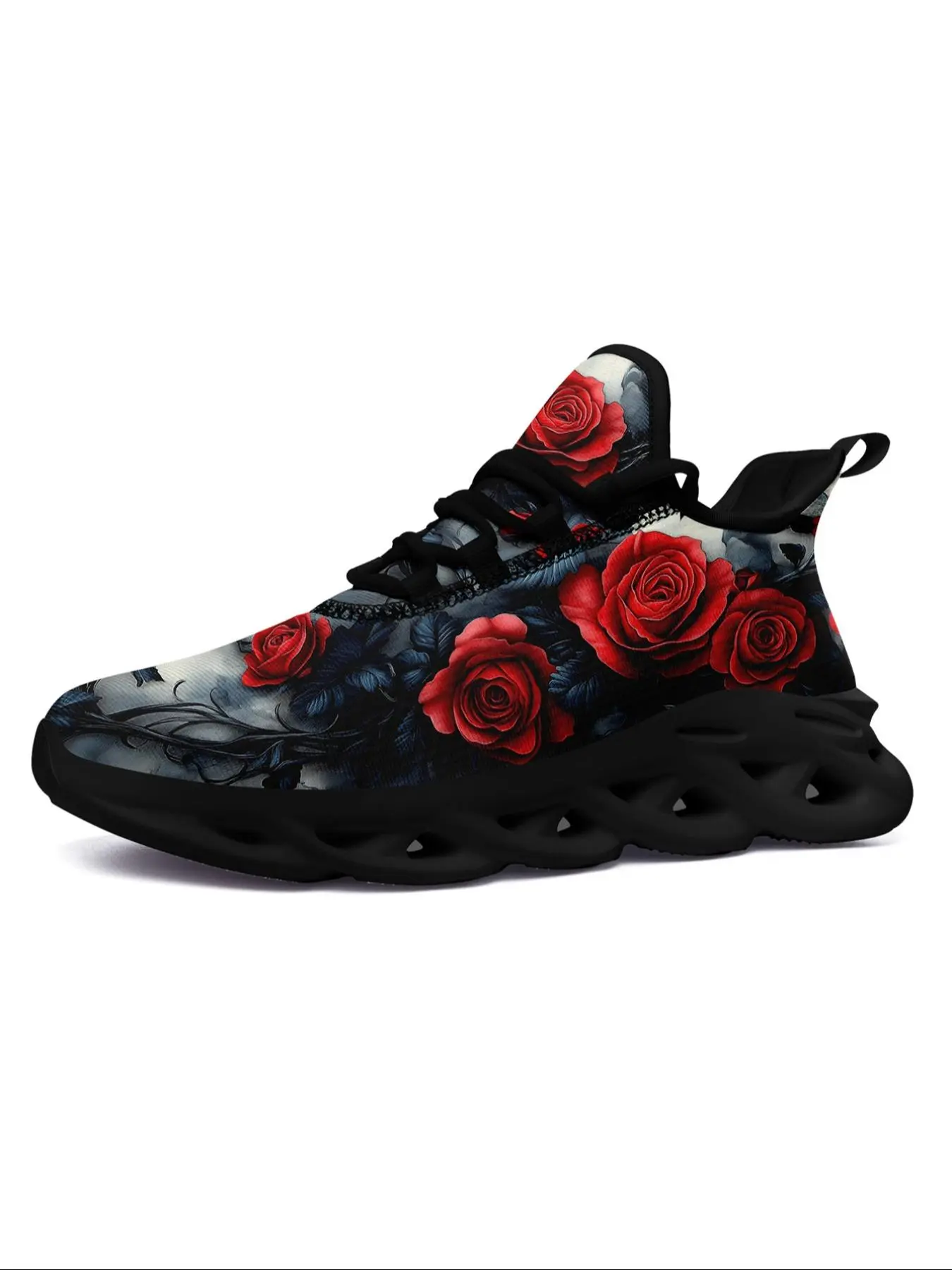 Plus Size Men's Low Top Sneakers with Gothic Rose Design, Casual Comfortable Lace-Up Streetwear Trainers for All Seasons, Trendy Fashion Footwear, Lifestyle Sneakers, Sports Shoes