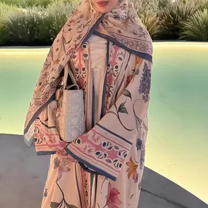 High Waist Lady Party Colothing Autumn New Muslim Floral Print Maxi Cardigans Casual Long Sleeve V-neck Commute Coat