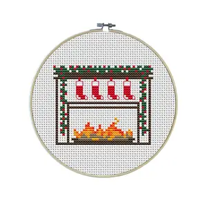 Christmas Morning Premium Cross Stitch Kit - EVERYTHING INCLUDED | Holiday Design | Fireplace | Family Stockings | Cozy Holiday | Santa Claus | St. Nick