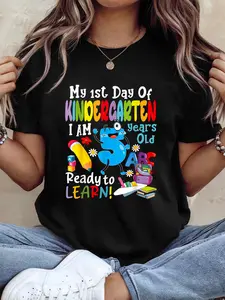 1st Day Of School My First Day Of kindergarten Boys Girls Print T-Shirt Casual Crew Neck Short Sleeve Comfort Tee Top For Spring & Summer Women's Clothing