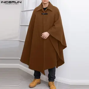 INCERUN Mens Autumn Winter Halloween Wizard Cloak Vintage Mid-Length Woolen Cape Coat Warm Comfortable Solid Buckle Knight Poncho