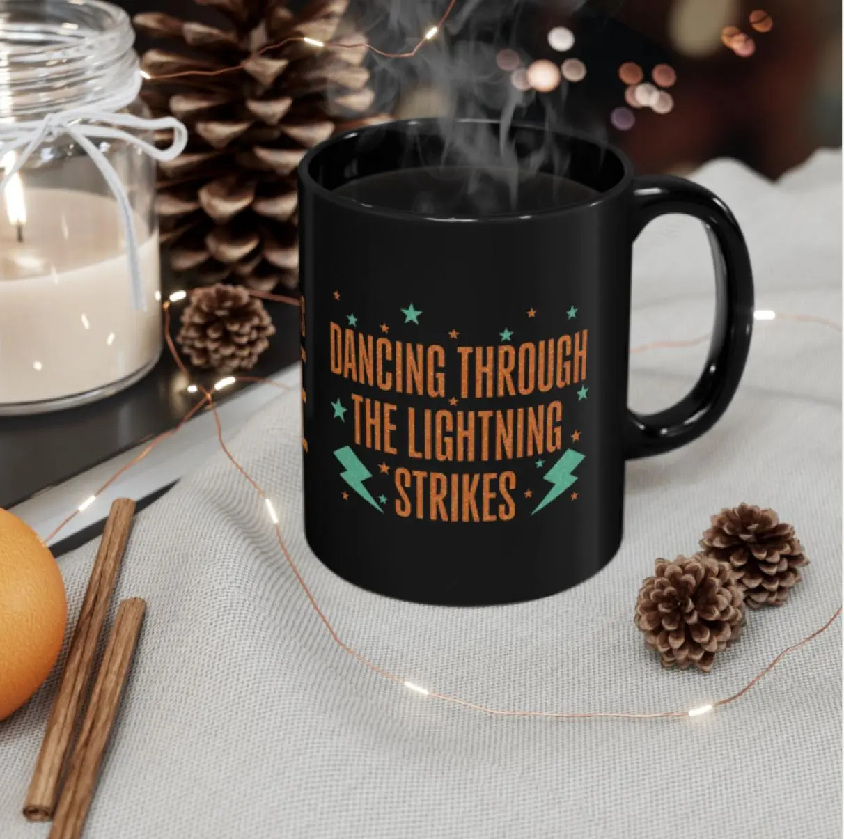 Opalite Sky Lyric Mug – “Dancing Through the Lightning Strikes” Vintage Showgirl Inspired Coffee Cup, Retro Poetry Fan Mug
