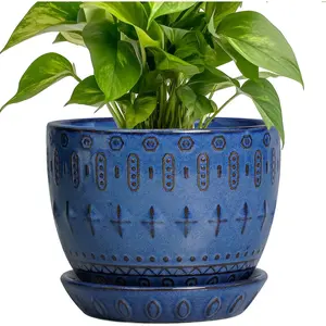 Pot 5 Inch - Ceramic Planter for Indoor  Outdoor, Succulent Orchid Pot with Drainae Hole and Saucer, Round Flower Pot for Home Decor, Blue