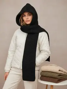 1pc Women's Fashion Solid Color Black/Beige/Khaki/Brown Cable Knit Hooded Scarf Shawl, Soft Warm Shawl, Suitable For Dating, Outings, Daily Use, Knitted Scarf