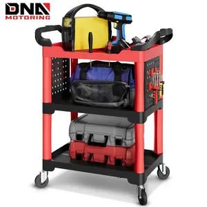 DNA MOTORING 3-Level Heavy Duty Composite Workshop Trolley 120 kg / 260 Lbs Capacity Cart Side Portable On Wheels w/Pegboard For Garage Warehouse Workshop Use, Black/Red