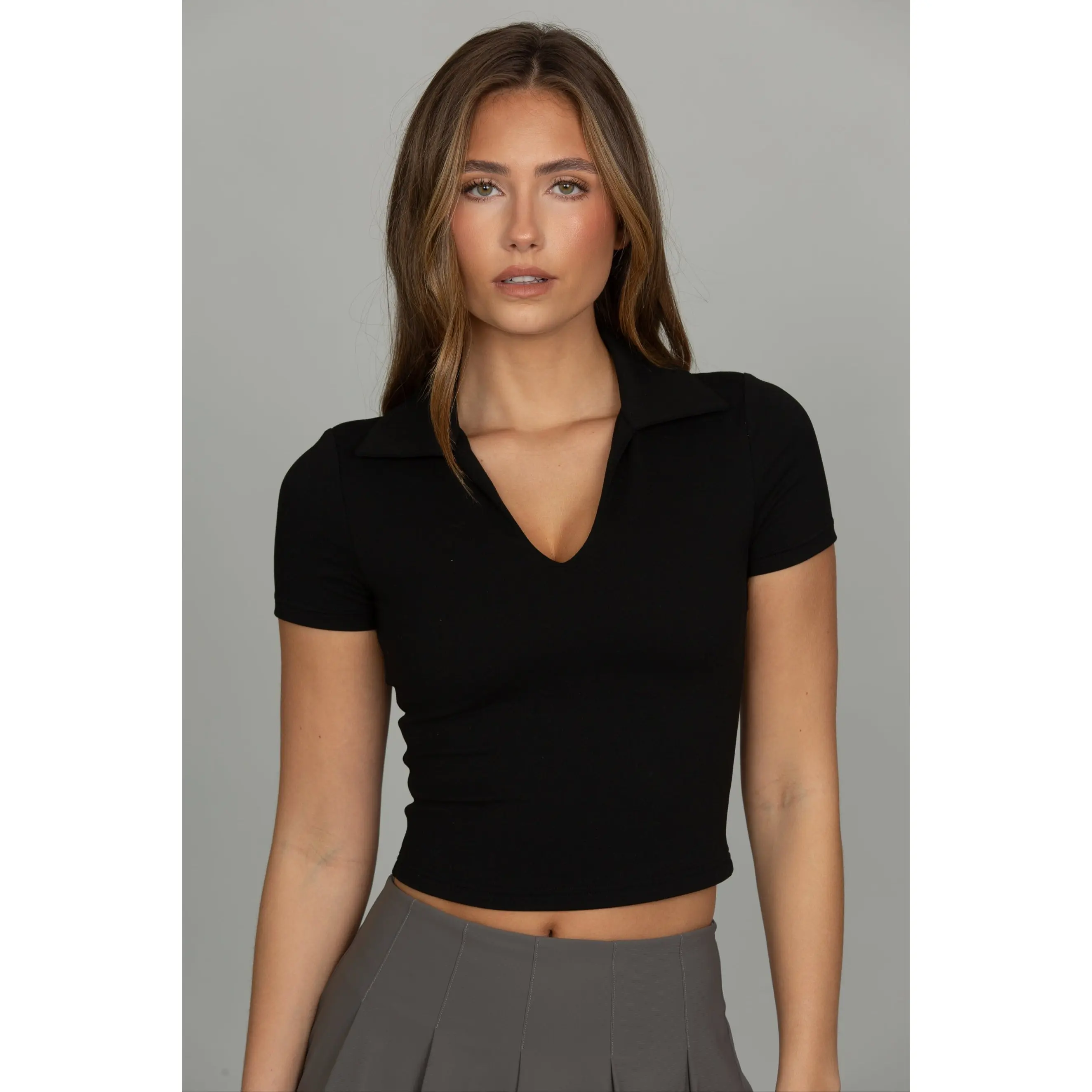Black Preppy V-Neck Polo Top
