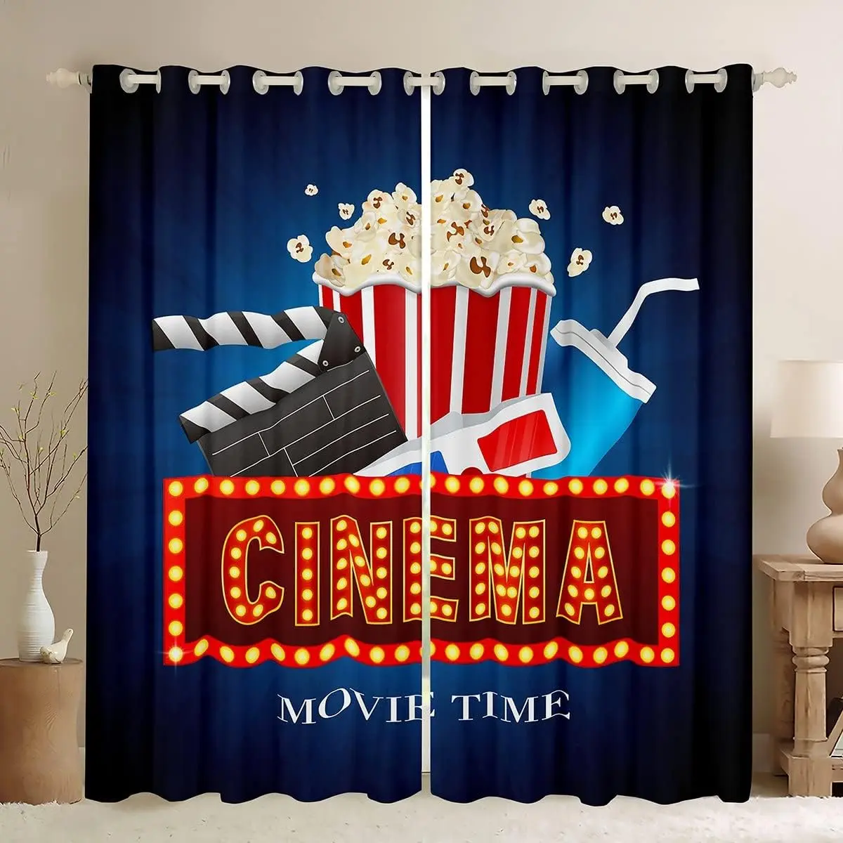 Feelyou Vintage Cinema Theme Blackout Curtains, Filmstrip & Movie Ticket Printed Blue Window Treatments with Privacy Grommets for Home Decoration & Room Decor, Home Decoration Curtain, Privacy Grommet Curtains