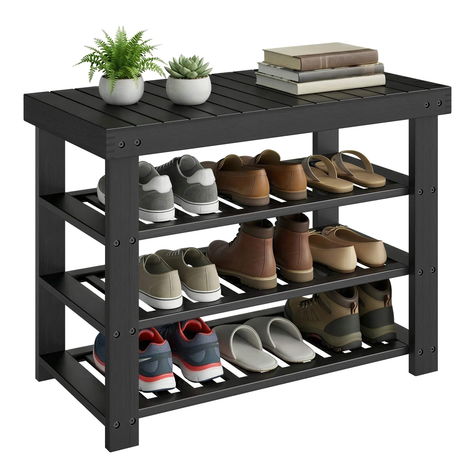 SONGMICS Shoe Rack Bench, 4 Tier Bamboo Shoe Storage Organizer, Entryway Bench, for Living Room, Bathroom, Bedroom, 11.3 x 27.6 x 20.5 Inches