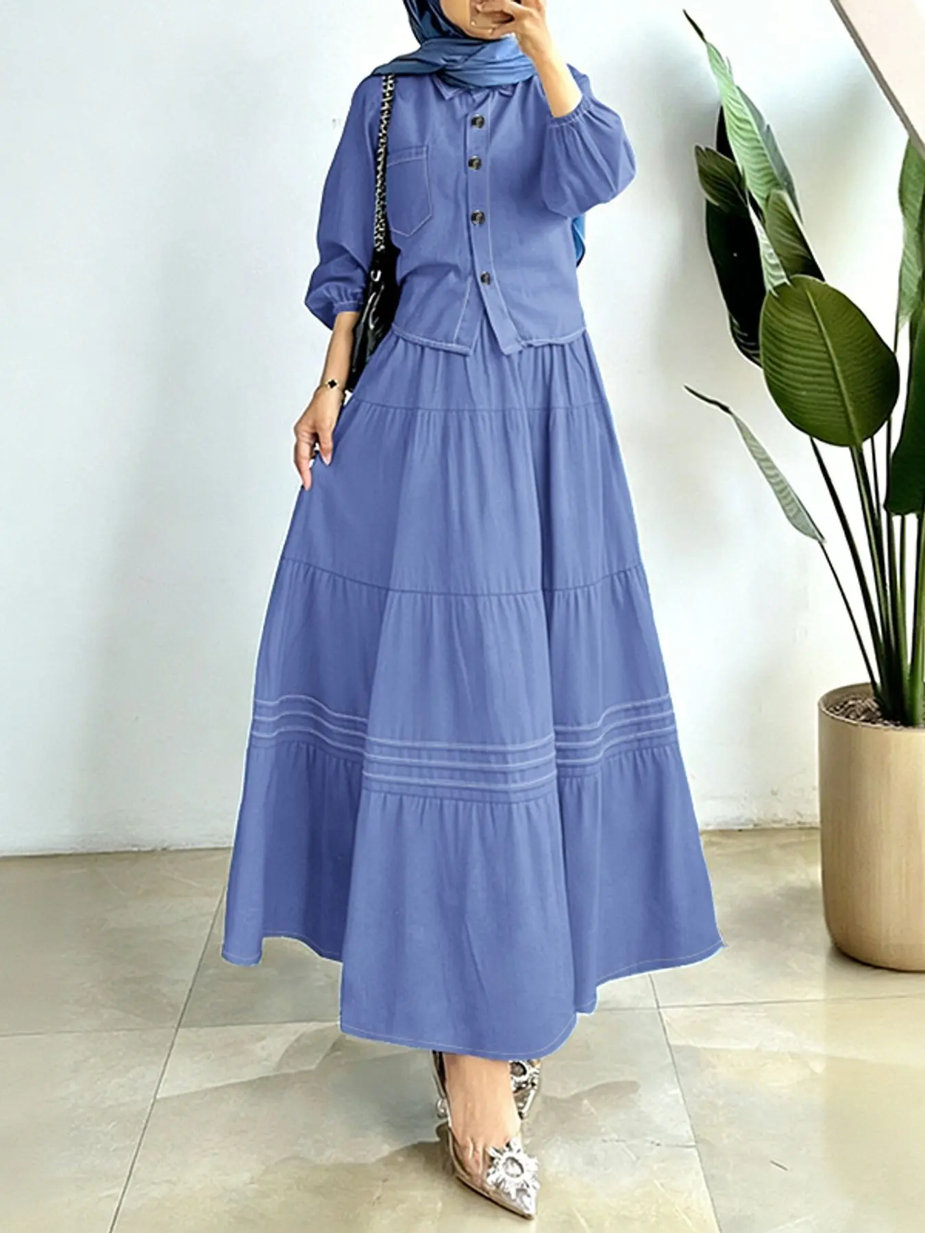 Women's Casual Modest Set, Matching Sets, Button Front Long Sleeve Shirt + Elastic Waist Denim Skirt, Loose-Fitting, Fashion Set, All Seasons, Daily Wear, Two Piece Set Women, Fashion Muslim Set