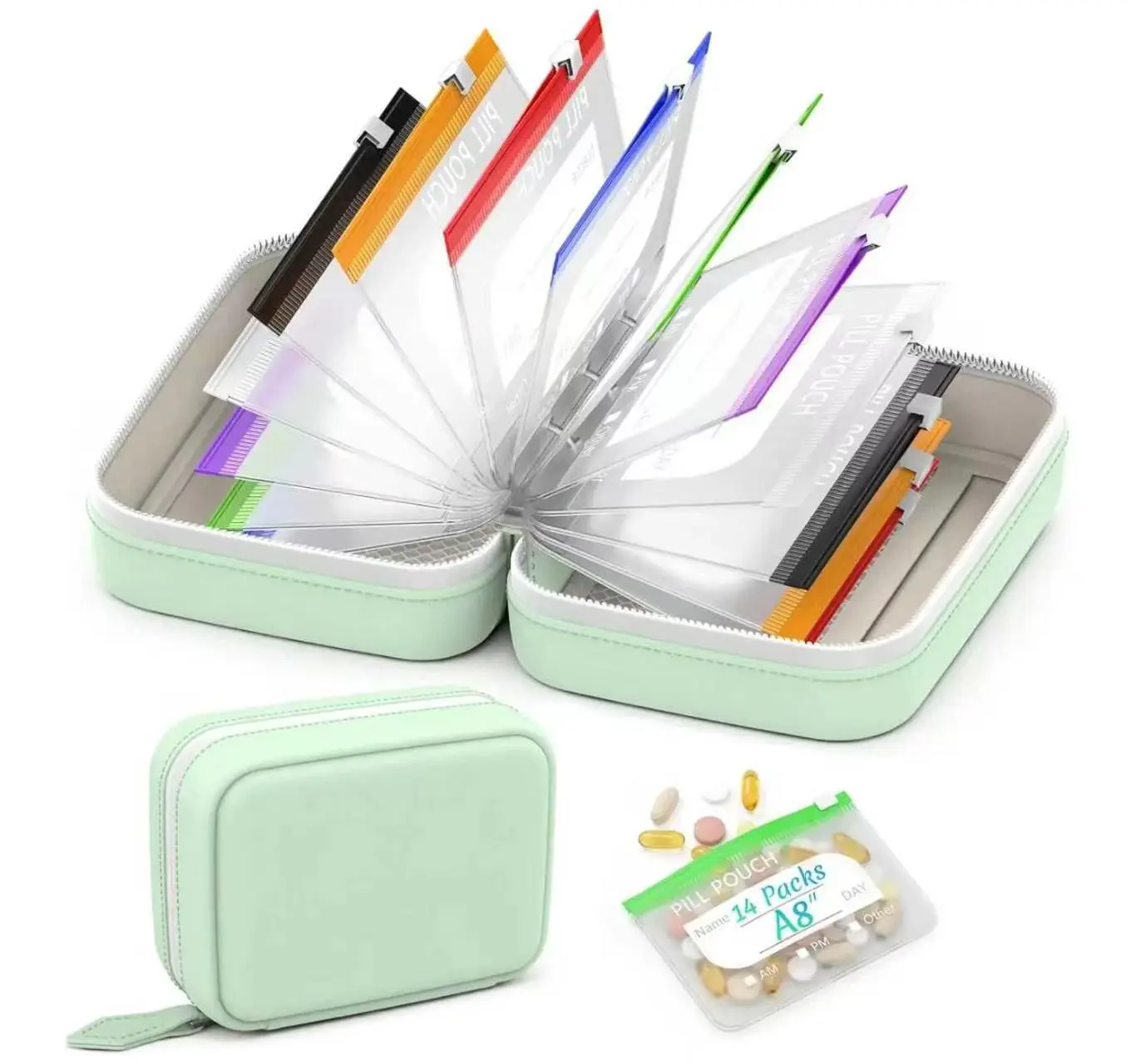 A8 Waterproof Pill Pouch Set, Pill Pouches for Travel with 14 Silicone Bags | Large Weekly Pill Organizer, Reusable Portable Medicine Organizer For Daily Essentials, Jewelry, First Aid