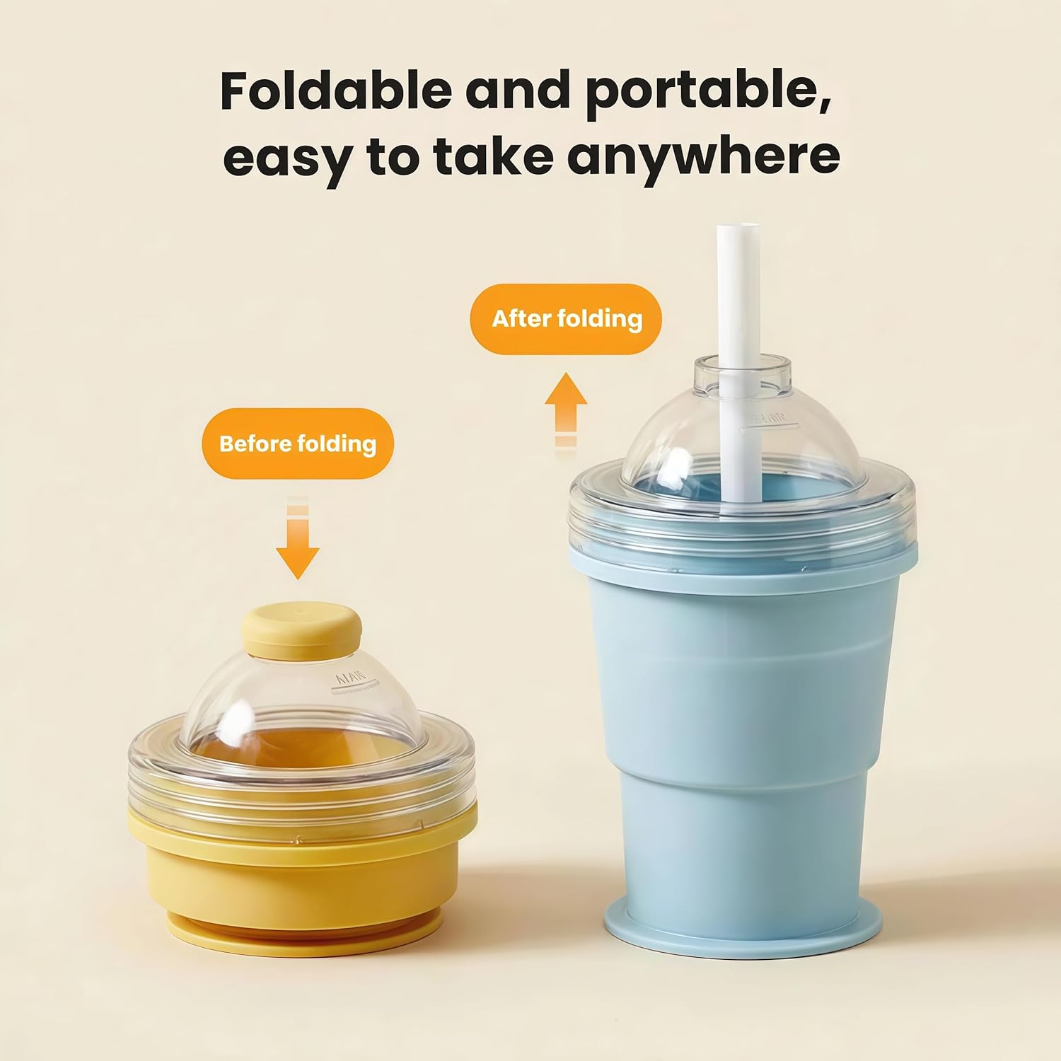 Portable Foldable ice hockey cup, Reusable with Attached Straw, Lightweight Heat-Resistant & Easy-Clean Collapsible Drinkware for Travel, Ideal for Hiking Camping Office