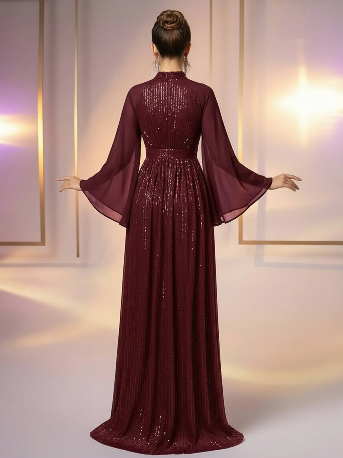 Burgundy sequin maxi dress with a stand-up collar, bell sleeves and Long Sleeves, featuring an Burgundy sequin maxi dress with a stand-up collar, bell sleeves and Long Sleeves, featuring an