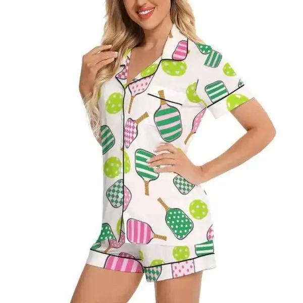 Pink And Green Pickleball Pajama Set, Satin Pyjamas Set 2025 1