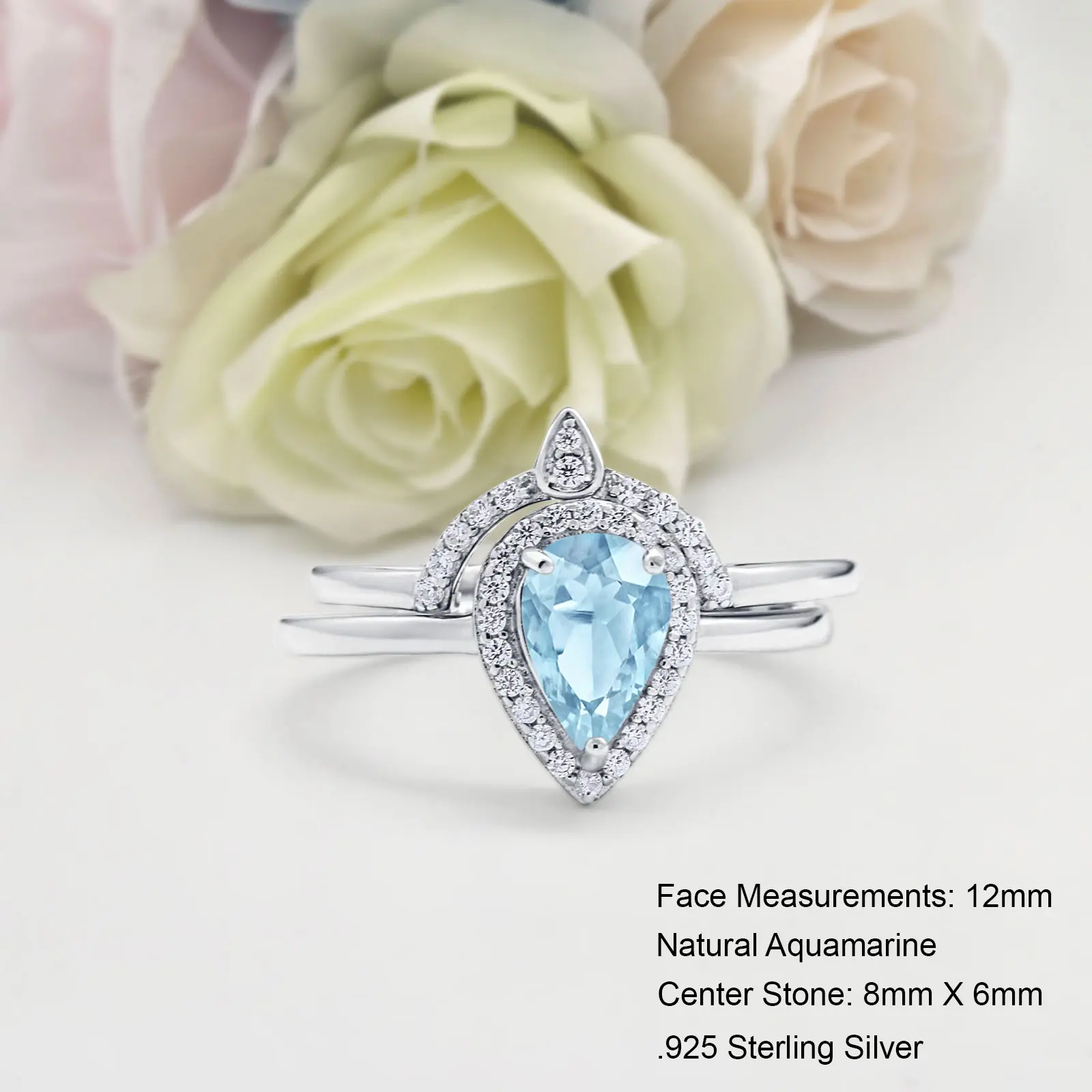 Two Piece Teardrop 1.25 Carat Natural Aquamarine Bridal Band Women Ring Wedding Engagement Pear Shape Ring 925 Sterling Silver 12mm