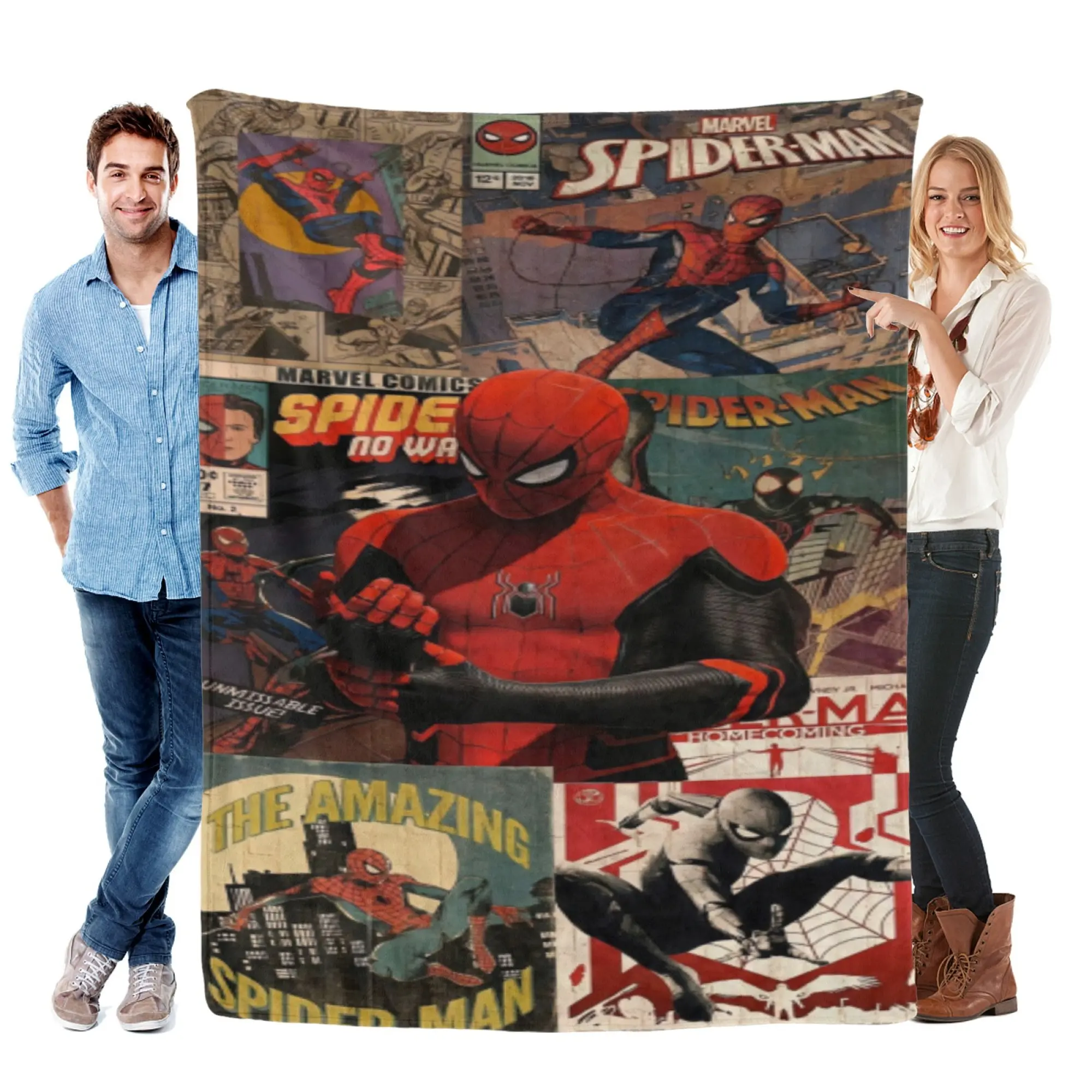 [SummerVibes] MARVEL CLASSIC Spider-Man Comic Collage Flannel Blanket, Soft 2D Printed Throw for Bed, Couch & Superhero Fans