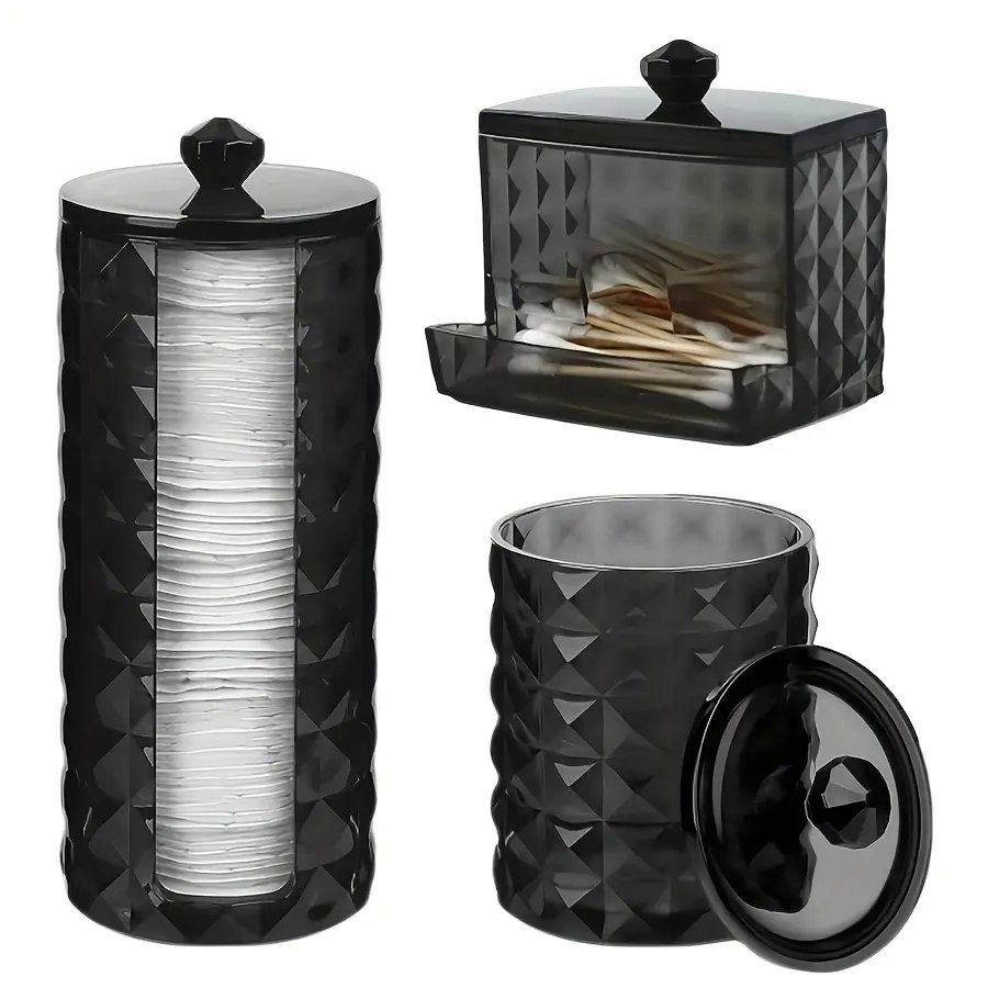 3pcs Acrylic Qtip Holder Makeup Cotton Round Holder, Clear Diamond Pattern Cotton Pads Organizer Container Display Stand Cosmetic Storage Makeup Beauty Supplies Organizer with Lid, Durable Plastic Organizers