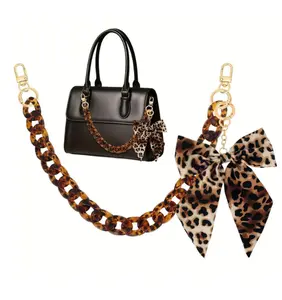 17.5" Leopard Print Bag Chain Strap with Bow Keychain Charm, Golden Acrylic Flat Purse Chain, Detachable Decorative Chain for Handbags Totes Wallets, Trendy Y2K Pocket Chain Accessory for Women Daily Outfit & Bag Upgrade