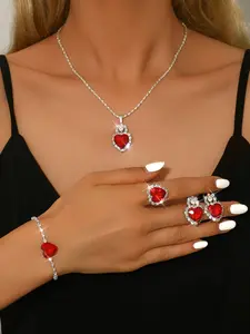 Women's Jewelry Set, Crystal Heart Earrings Necklace Bracelet Ring, Casual Style for Wedding Party Holiday Wear