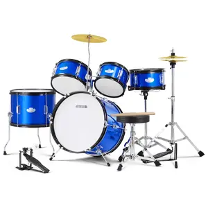 Kids Drum Set 5-Piece 16-Inch Beginner Full Drum Kit With Bass Drum, Tom-Toms, Snare, Floor Tom, Adjustable Throne, Cymbals, Hi-Hat, Pedal, Two Pairs Of Drumsticks, Starter Drum Kit For Children, Blue