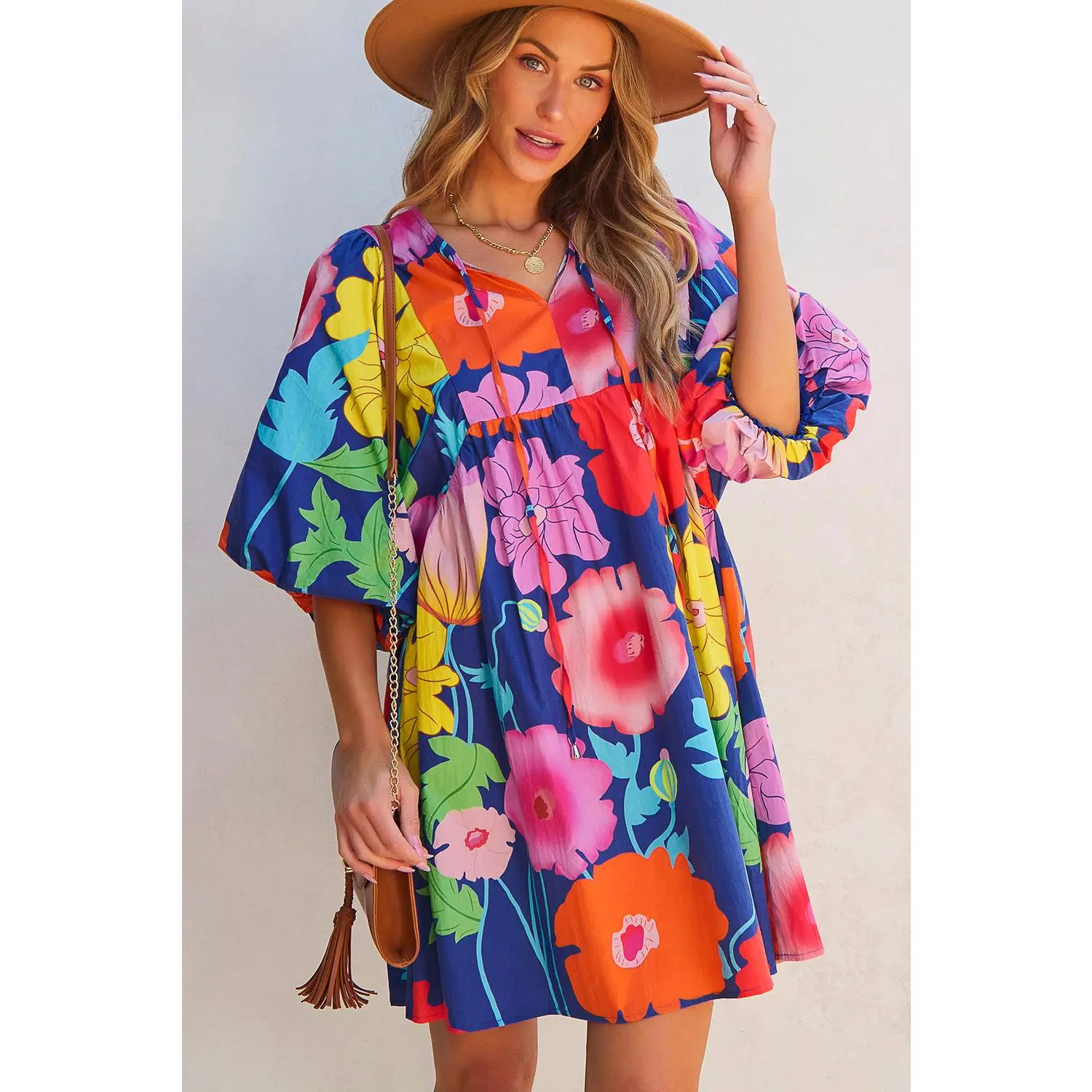 Dark Blue Floral Print Split Neck Babydoll Dress Casual Comfy Fabric Fit -  TikTok Shop