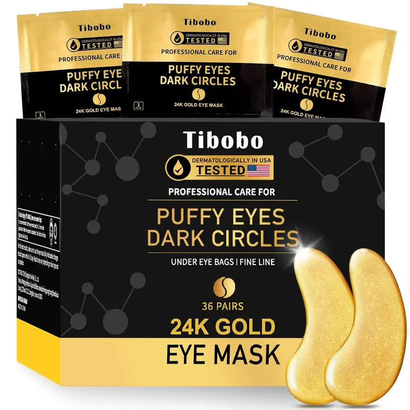 Tibobo 24k Gold Collagen Eye Patches for Puffy Eyes with Hyaluronic Acid,Anti-Aging and Hydrating Eye Treatment, Moisturizer Moisturizing Puffiness
