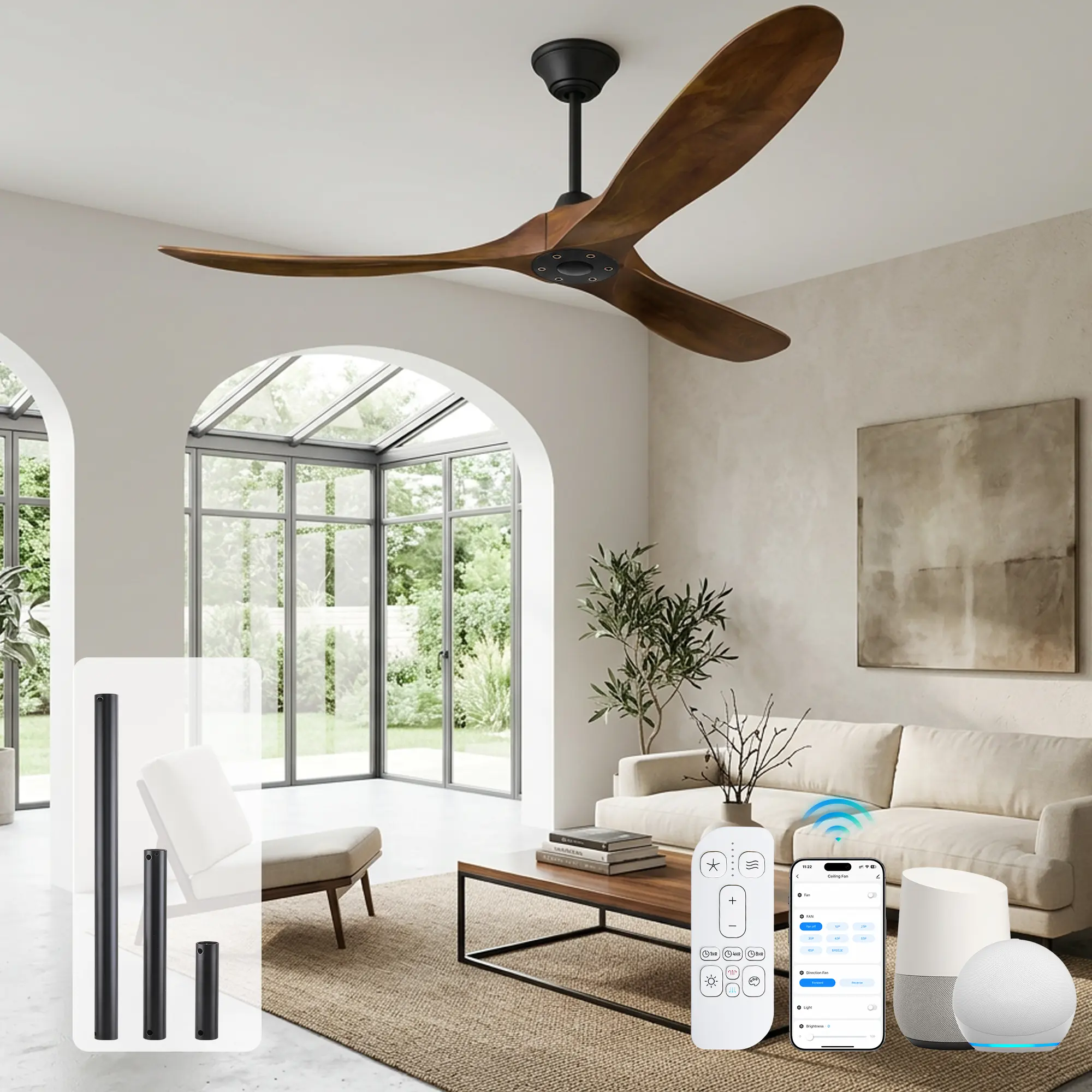 Luxury 52/62-Inch Farmhouse Wood Ceiling Fan (No Light), 3-Blade DC Motor Fan with Remote Control, Alexa & APP Voice Control, Quiet Operation, Black/Walnut, for Indoor Bedroom & Outdoor Patio, Includes Parts, Max 9000 CFM, Ceiling Fans