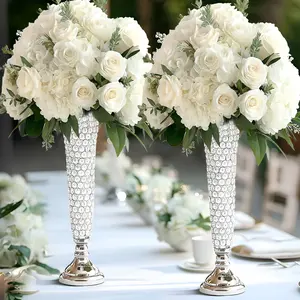 2-Pack Crystal Beaded Trumpet Vase 28" Tall Silver - Decorative Bouquet Vase Table Centerpiece Set for Glamorous Weddings Parties & Home Decor