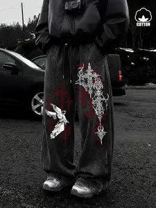 Unisex Gothic Angel & Rune Print Graphic Pants, Casual Fit Bottoms, Loose Fit Casual Cotton Joggers, Dark Gothic Streetwear, Y2K Style, Emo Fashion, Fall & Winter