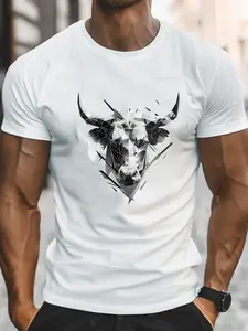 Upgrade Your Streetwear, Geometric Bull Print T-Shirt, Low Poly Bull Head Illustration, Casual Fitted Long Sleeve Tee, Modern Style