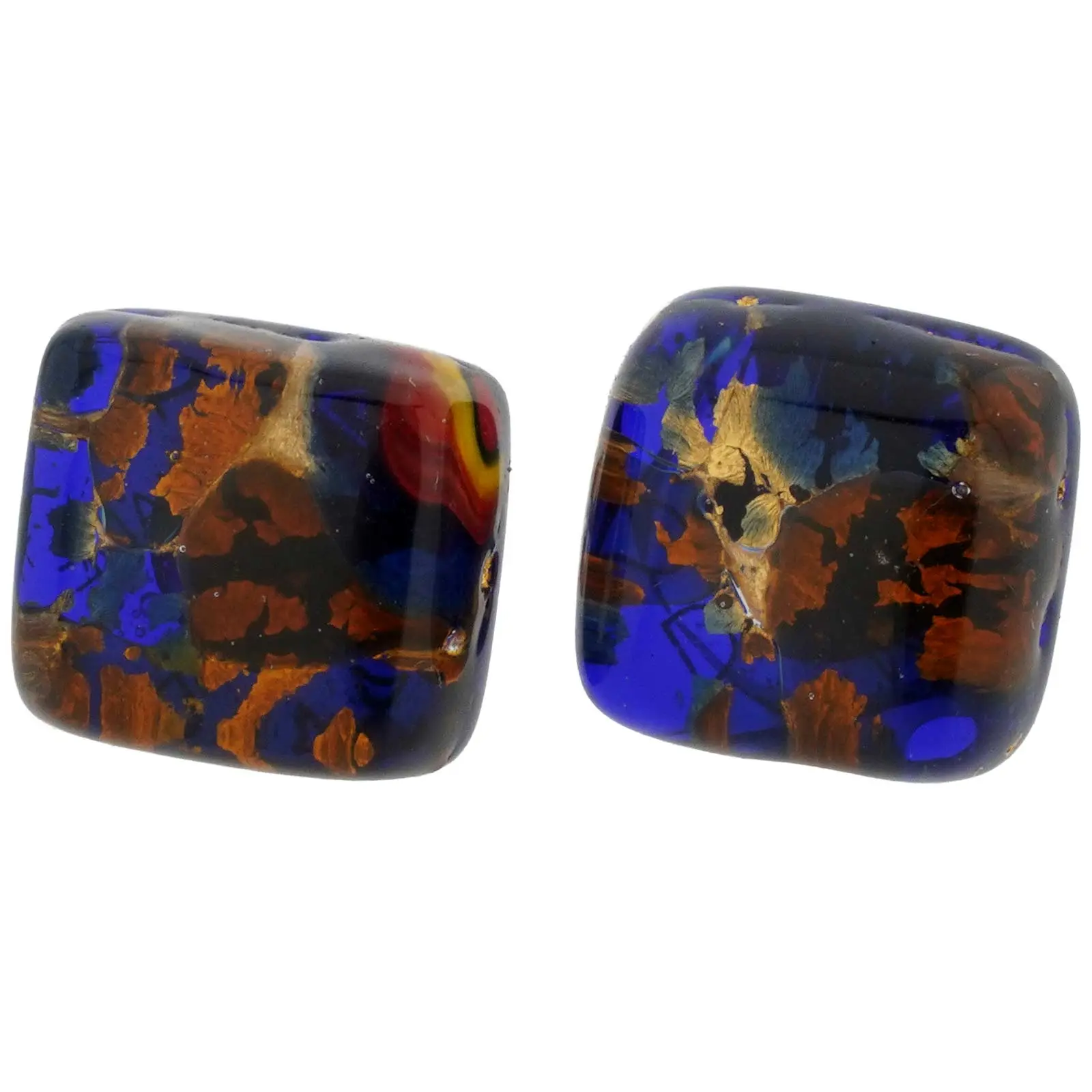 Glass of Venice Murano Glass Earrings With Italian Lampworked Beads - Blue, Gold, and Brown Square Stud Handmade Blown Glass Post Earrings for Women