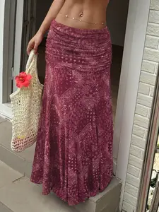 Boho Paisley Maxi Skirt Women High Waist Ruched Waistband Flowing A Line Long Skirt Vintage Ethnic Print Bohemian Summer Beach Vacation Outfit Casual Holiday Wear Lightweight Draped Skirt Elegant Chic Fashion Aesthetic, Womenswear