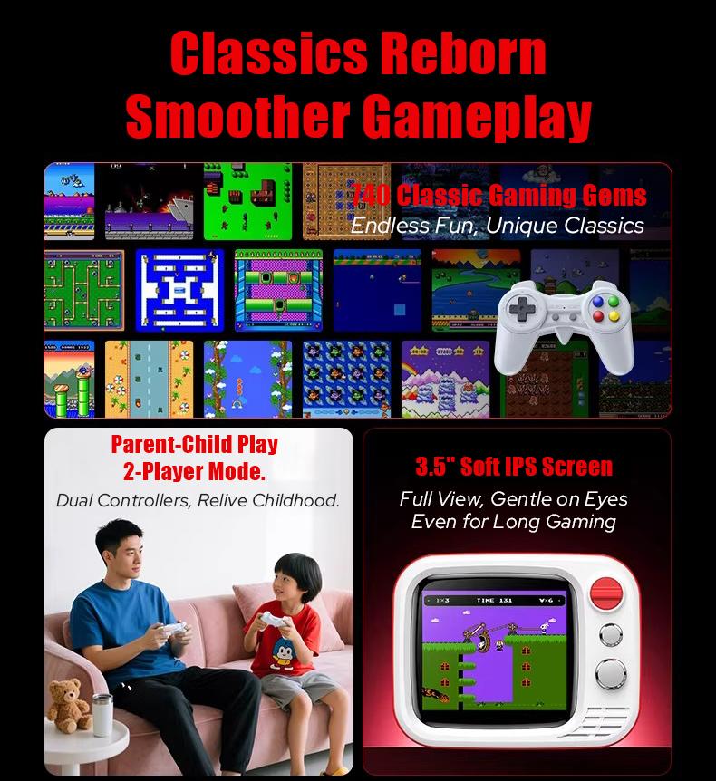 H7 Retro Game Console, 740 Classic Games, Mini TV Style with 3.5 Inch IPS Screen, Dual Wireless Controllers,​​ AV HDMI Output, for Holiday Birthday Gift