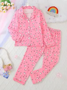 Girls' Sleepwear Set, Soft Casual Pajamas, Cartoon Print Pajama, Long Sleeve Top & Elastic Waist Pants, Fire Retardant Knit Fabric, Cartoon Cat Floral Pattern, All Seasons Wear
