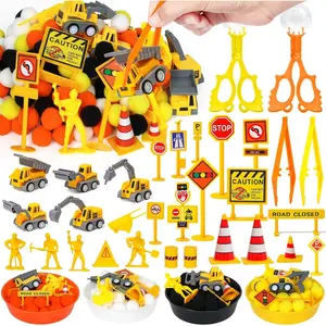 135 Pcs Construction Sensory Bin Items Construction Counting Sorting Sensory Bin Filler Fine Motor 5 Vehicles 14 Road Signs 4 Worker Figures Counts for Easter Day Spring Summer Sorting Counting Decor