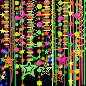 Paper UV Neon Garland Neon Streamers Glow in The Dark Neon Party Supplies and Decorations Blacklight Reactive Fluorescent Black Light Party Kit for Birthday Wedding